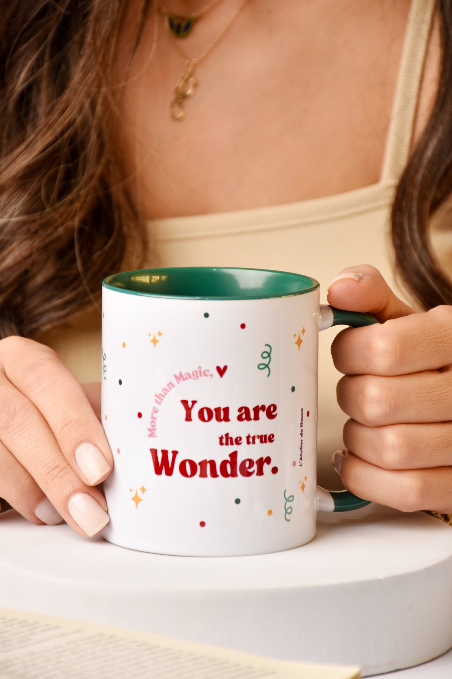 Green Confetti Mug — “More than Magic, You are the True Wonder”